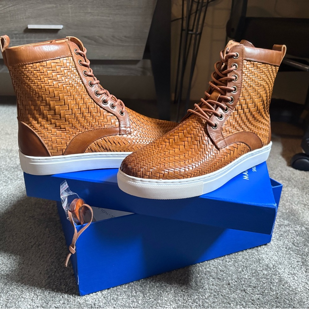 Marc Nolan Magnus Brandy Woven Leather High Top Sneakers.